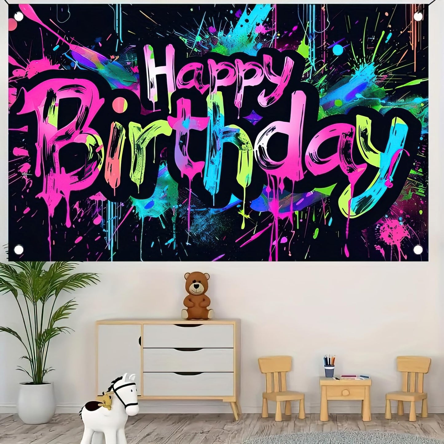HOMETITUTE Neon Happy Birthday Banner 71x43 Inch Photography Backdrops
