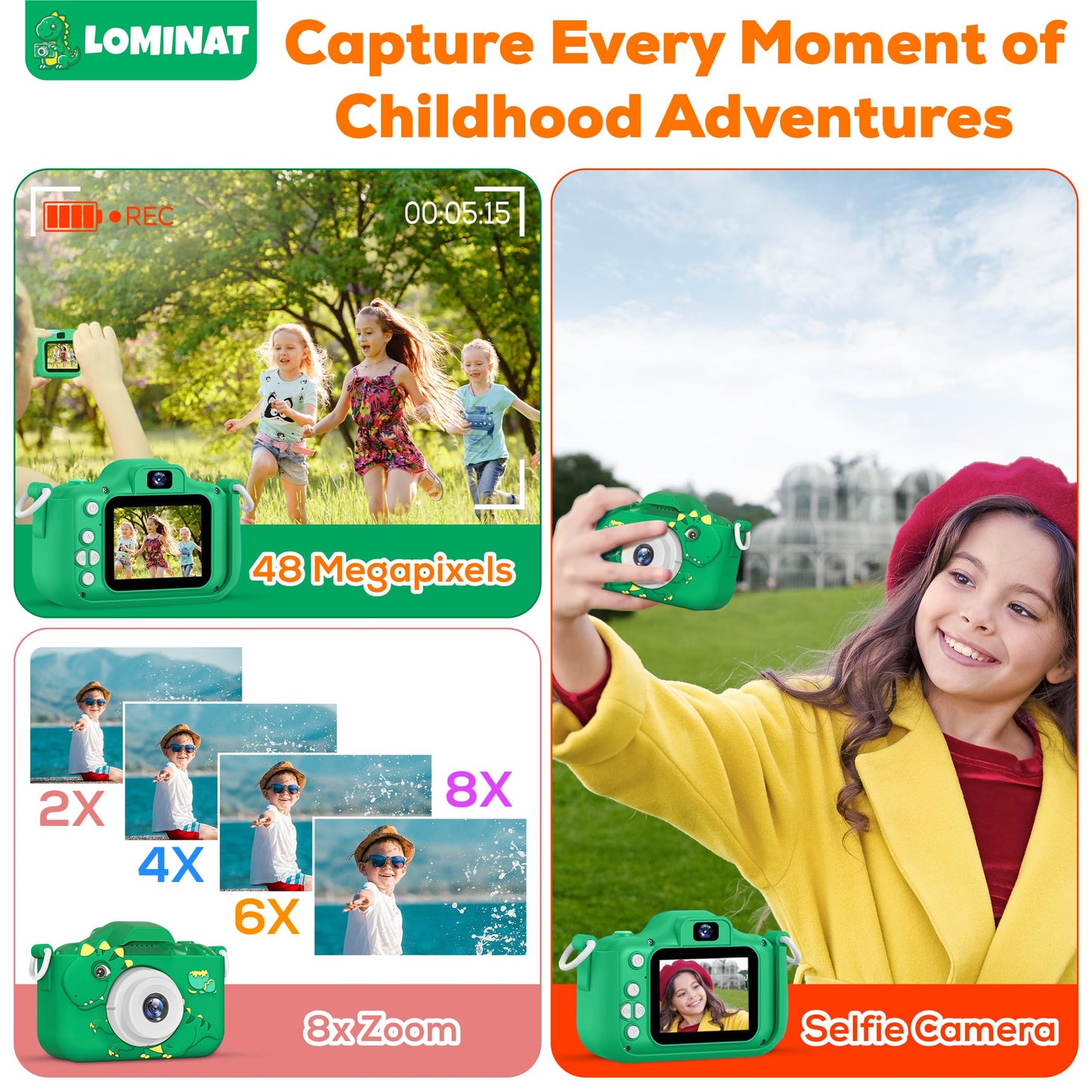 Kids Camera for 3, 4, 5, 6, 7, 8, 9 Year Old Boys Girls - 1080P HD Kids Video Camera, Dinosaur Christmas Birthday Gifts, Toddler Dual Lens Digital