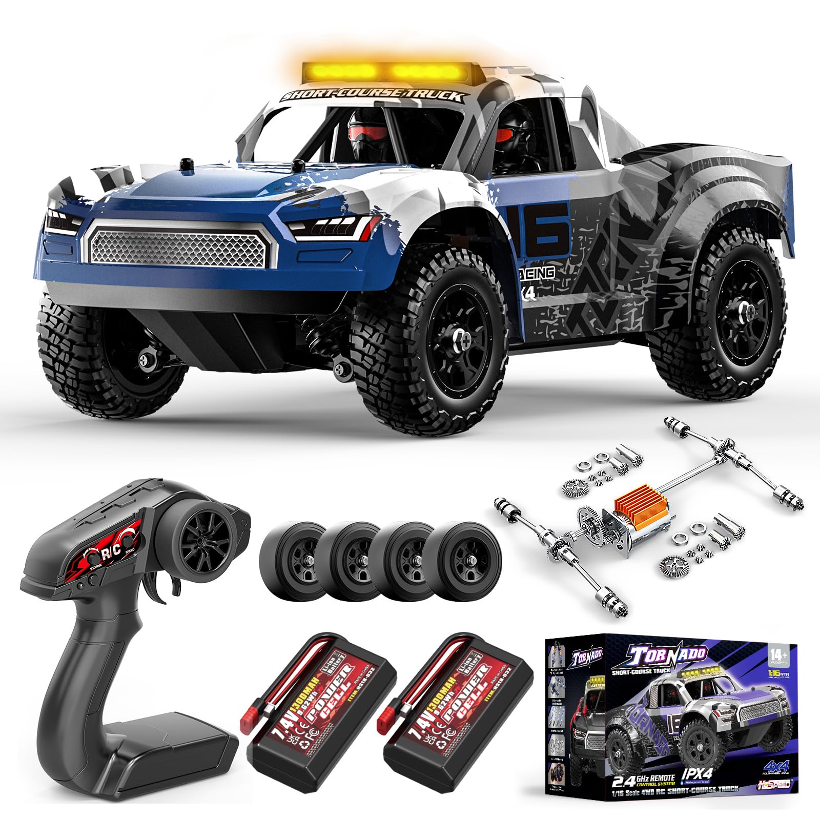 1:16 Scale RC Monster Truck, 2.4GHz Remote Control Fast RC Car 36km/h 4WD Off-Road Water-Resistant Electric Powered Vehicle with Dual Batteries, Drift