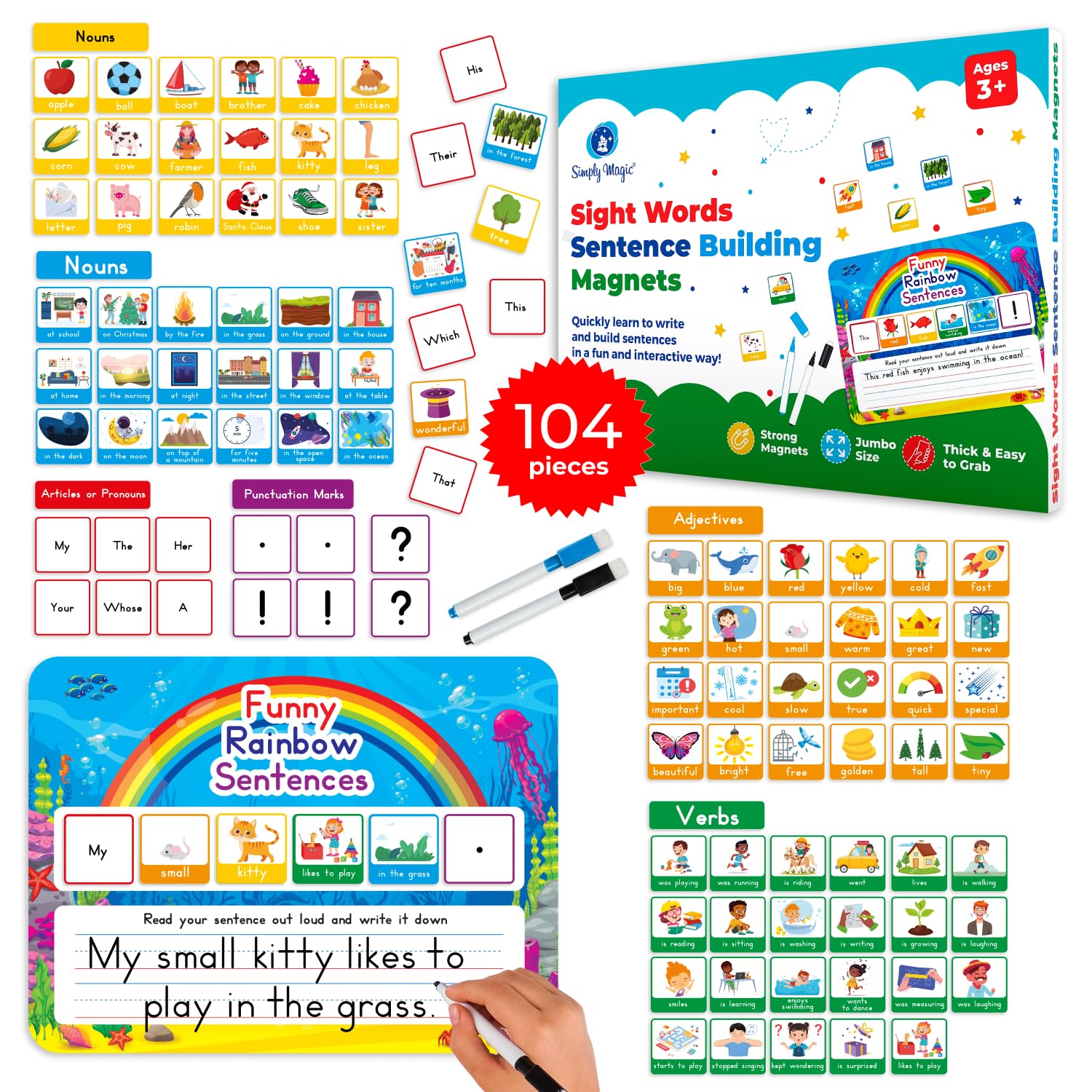 104 PCS Sentence Building for Kids, Sentence Building Magnets Kit, Learn to Read, Speech Speak Spell Games, Kids Vocabulary Builder, Sentence Building