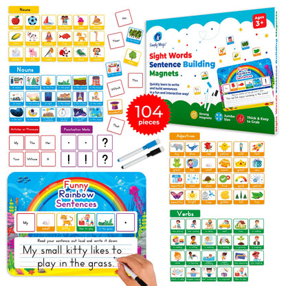 104 PCS Sentence Building for Kids, Sentence Building Magnets Kit, Learn to Read, Speech Speak Spell Games, Kids Vocabulary Builder, Sentence Building