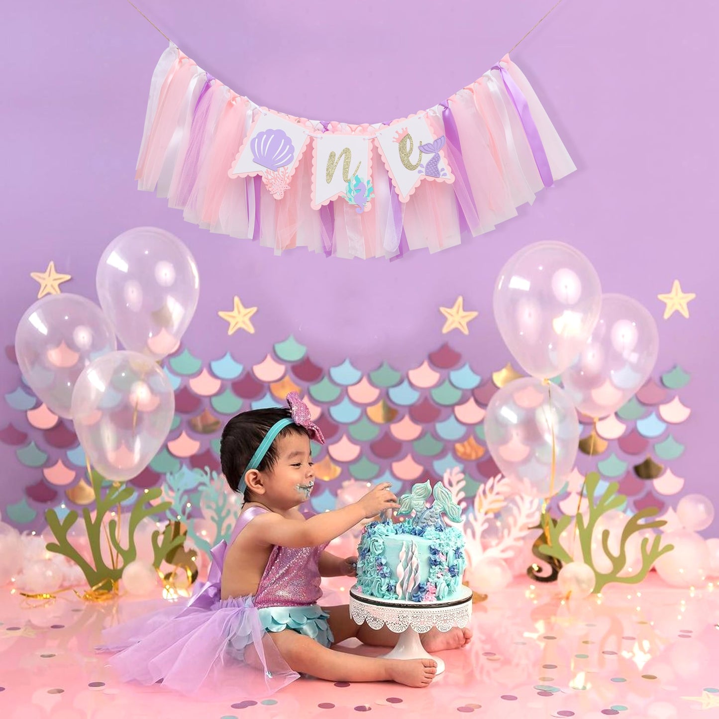 Mermaid 1st Birthday High Chair Banner - Under the Sea First Birthday Party Decoration, Mermaid Theme One Party Banner, Cake Smash Photo Props