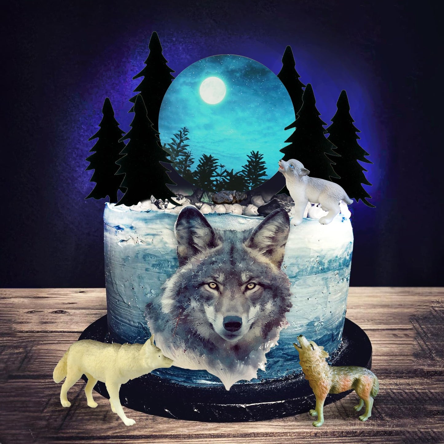 13 PCS Wolf Cake Topper Full Moon Cake Decor with Animal Figurine Wolf Themed Wedding Birthday Cake Decorations (Gray)