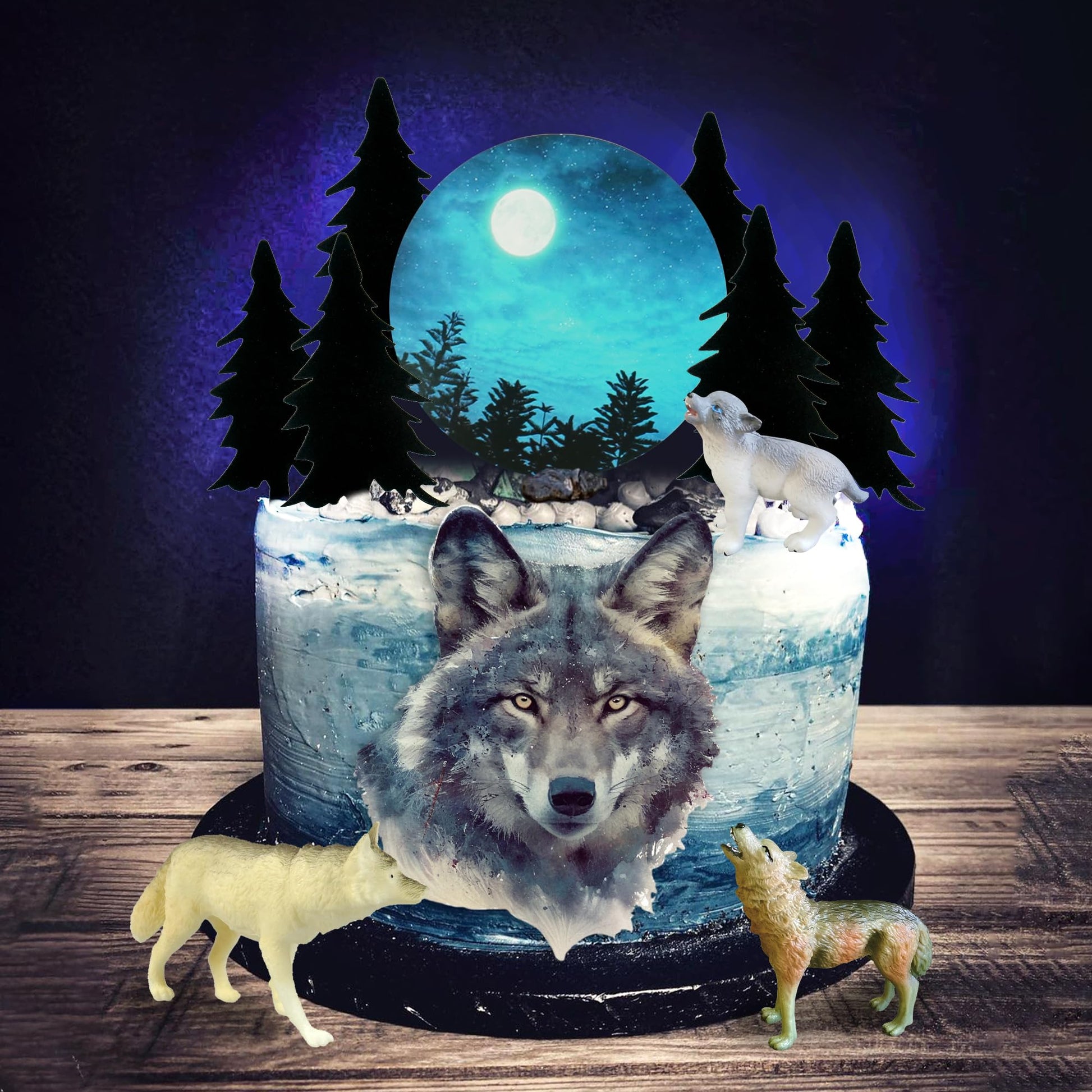 13 PCS Wolf Cake Topper Full Moon Cake Decor with Animal Figurine Wolf Themed Wedding Birthday Cake Decorations (Gray)