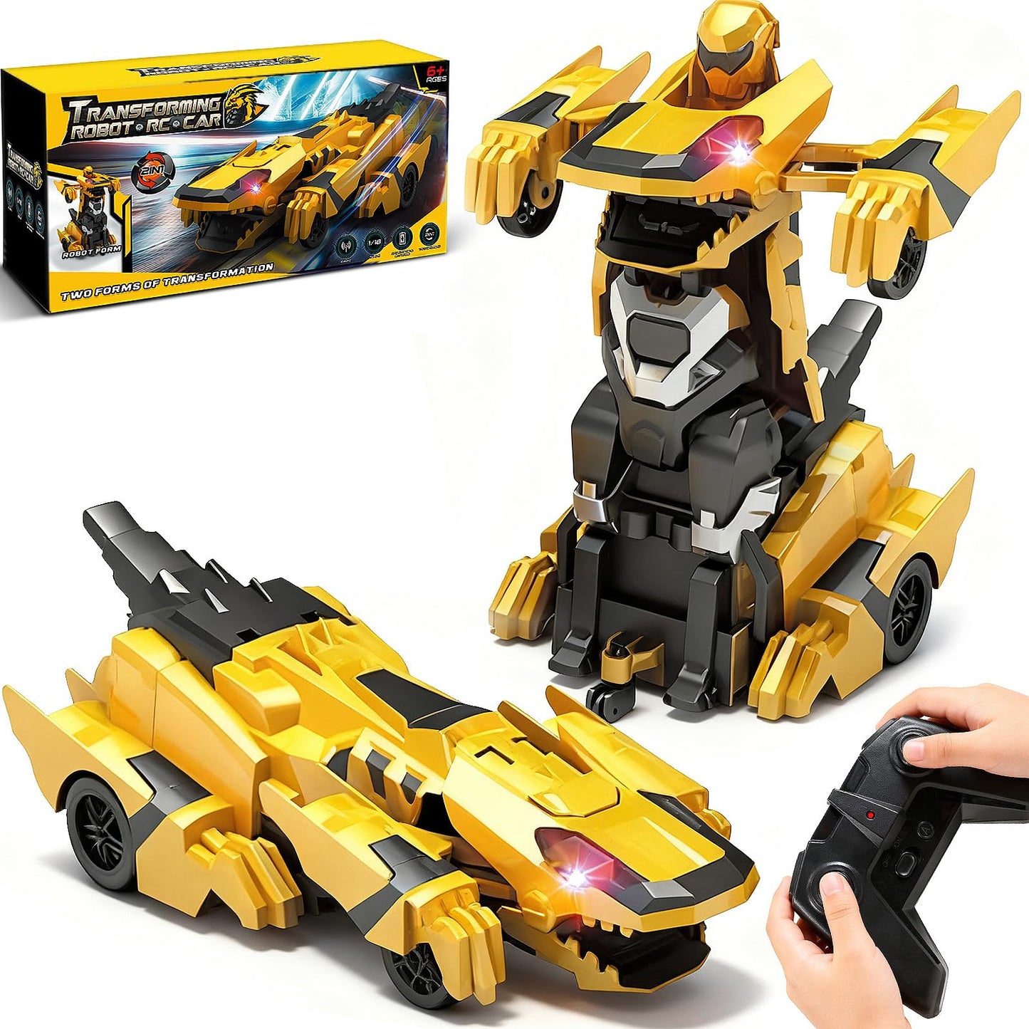 Ufilni Kids Toys Dinosaur Transform Rc Cars, 2.4Ghz Remote Control Car Transforming Robot with Flashing Light, 360° Rotation One Button Deformation