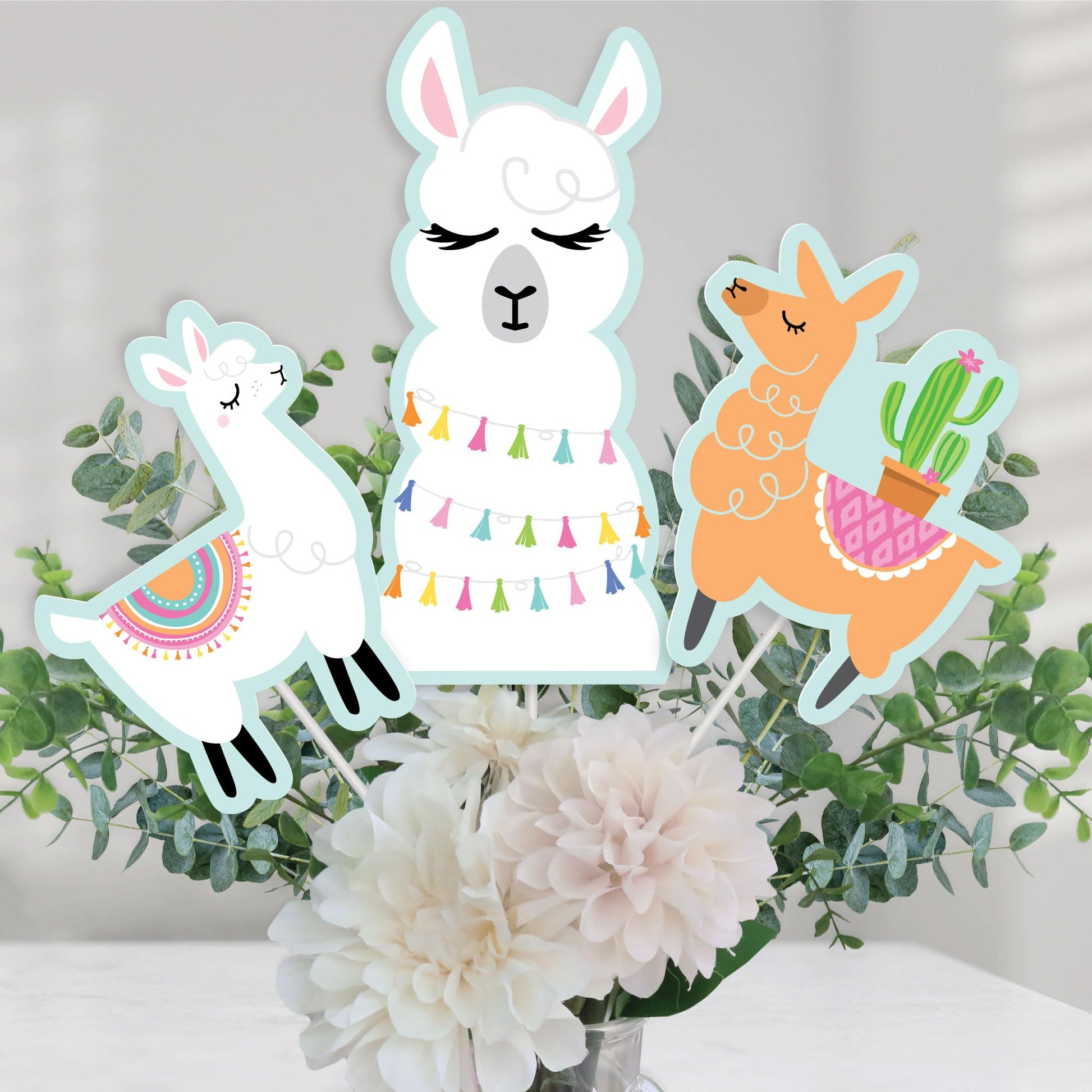 Big Dot of Happiness Whole Llama Fun - Llama Fiesta Baby Shower, Birthday Party Centerpiece Sticks - Table Toppers - Set of 15