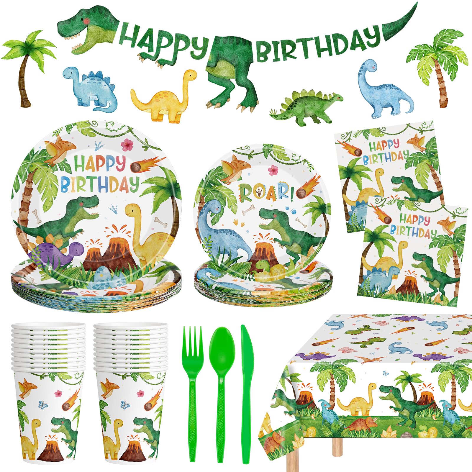 170 Pcs Dinosaur Birthday Decorations - Jungle Dino Party Supplies Sets, Includes Happy Birthday Dinner Plates Napkins, Flatware, Banners and Cups