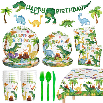 170 Pcs Dinosaur Birthday Decorations - Jungle Dino Party Supplies Sets, Includes Happy Birthday Dinner Plates Napkins, Flatware, Banners and Cups