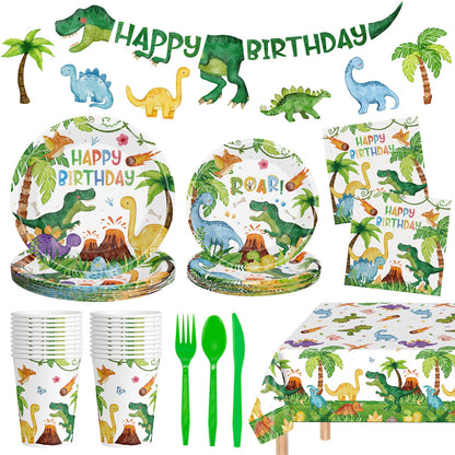 170 Pcs Dinosaur Birthday Decorations - Jungle Dino Party Supplies Sets, Includes Happy Birthday Dinner Plates Napkins, Flatware, Banners and Cups