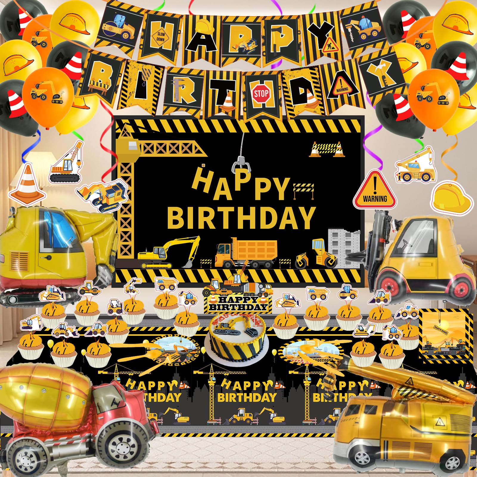 Construction Birthday Party Decorations Kit, Theme Style Party Supplies Include Birthday Banner, Backdrop, Tableware Set, Tablecloth, Hanging Swirls