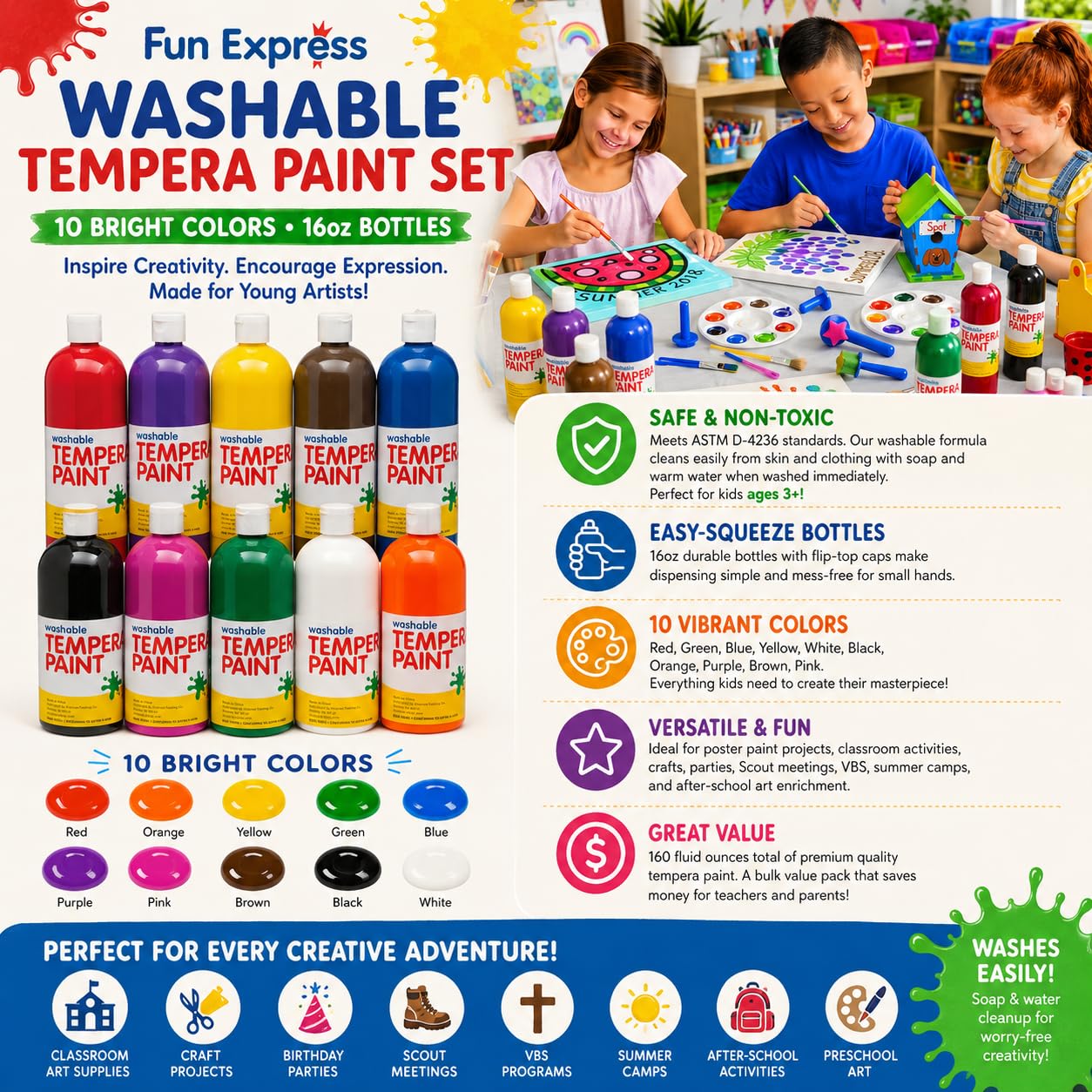 Fun Express Washable Tempera Paint Set for Kids - 10 Vibrant Colors (16 oz Squeeze Bottles, 160 Fl Oz Bulk) | Non-Toxic Arts and Crafts Supplies