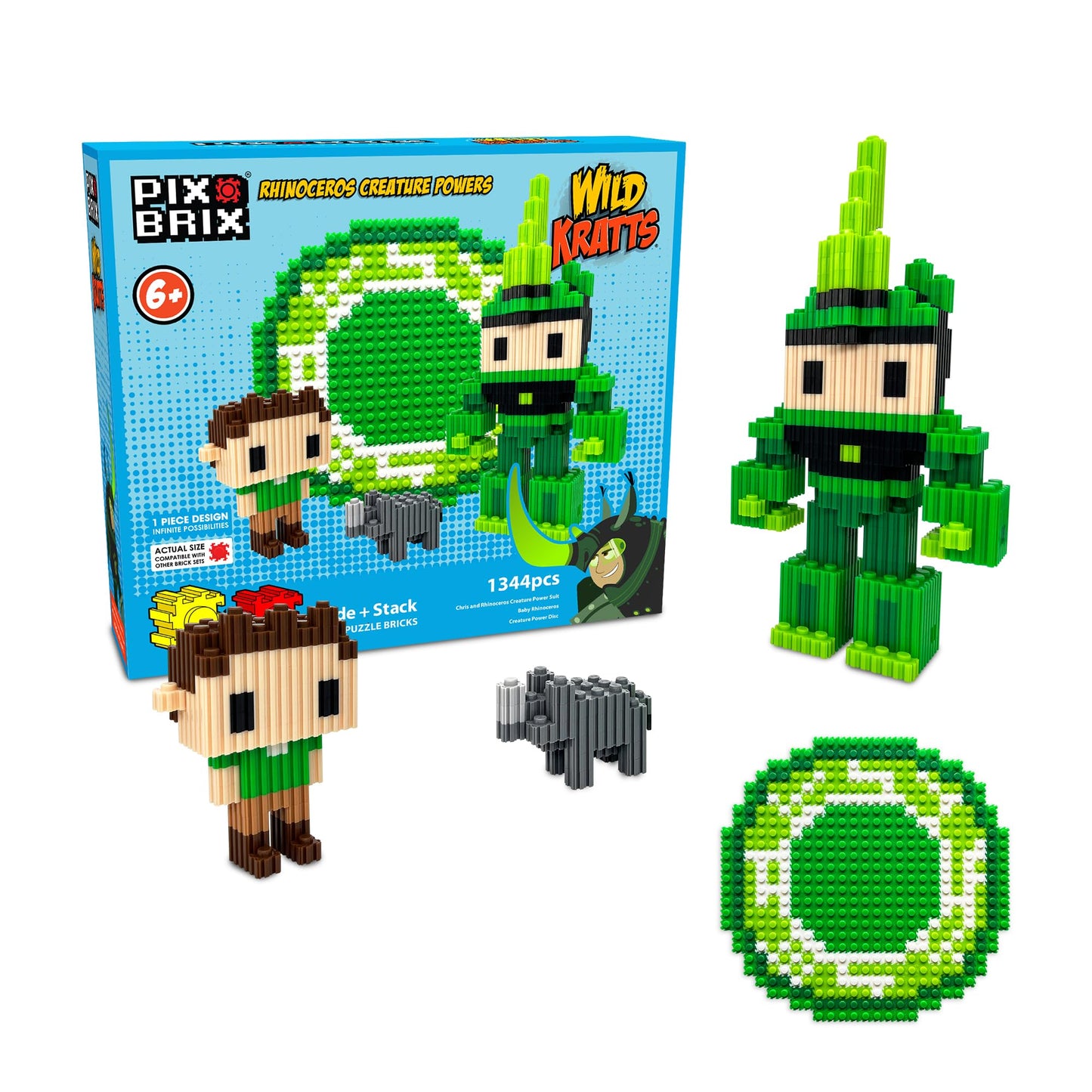 Pix Brix - Wild Kratts Toys Pixel Art Kit - Rhinoceros Creature Powers, 1344 Pieces - Patented Slide + Stack Pixel Puzzle Building Bricks, Build