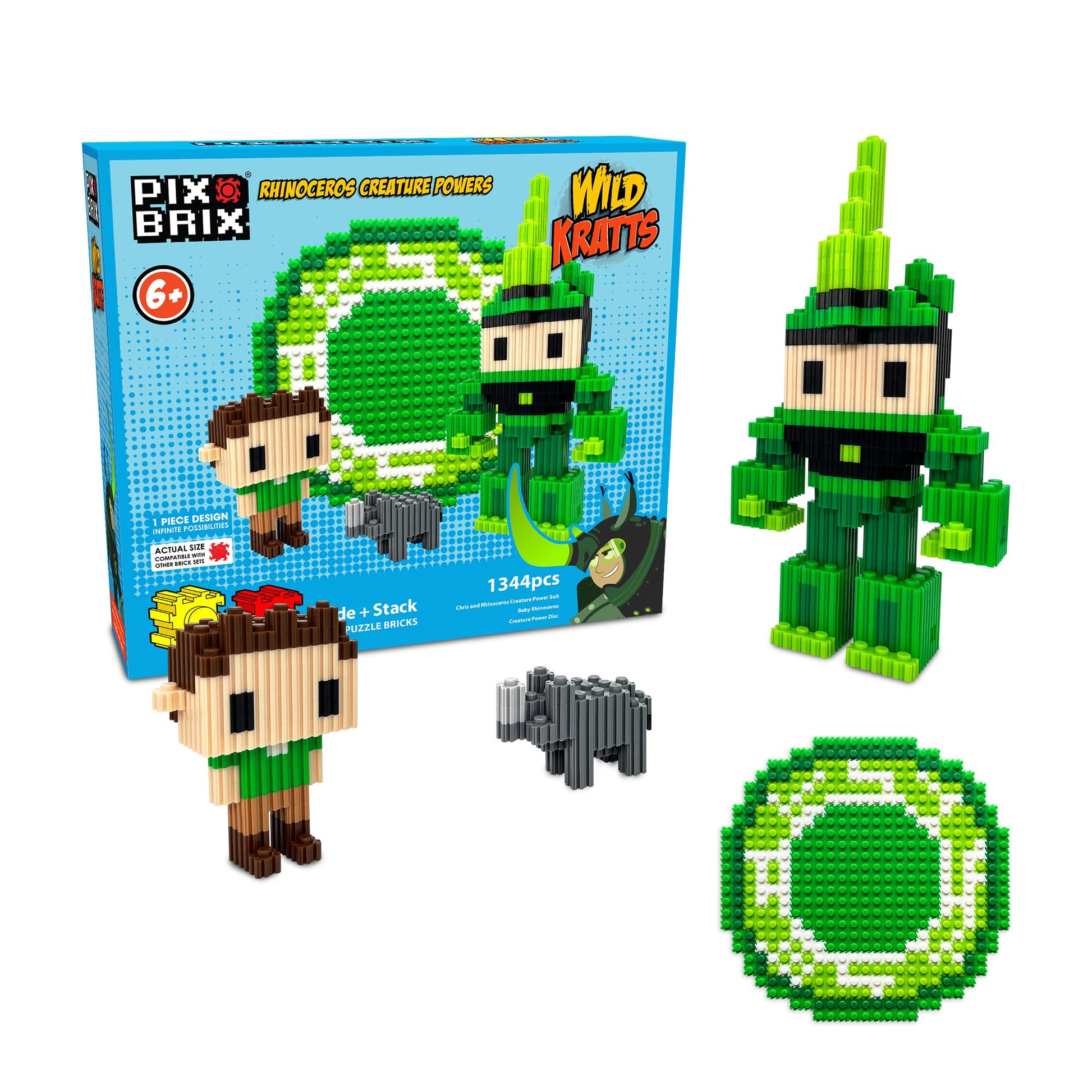 Pix Brix - Wild Kratts Toys Pixel Art Kit - Rhinoceros Creature Powers, 1344 Pieces - Patented Slide + Stack Pixel Puzzle Building Bricks, Build