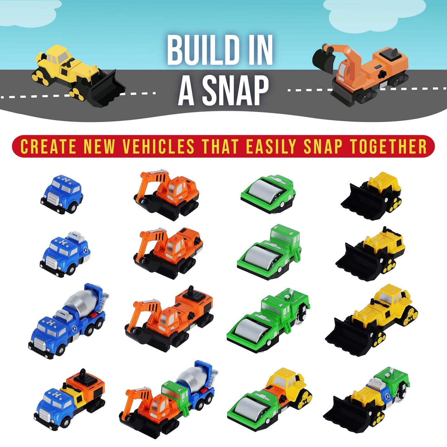 Popular Playthings Magnetic Vehicles for Toddlers 1-3, Mini Mix or Match Car Toys, Set of 7 Gift for Kids - Construction Trucks