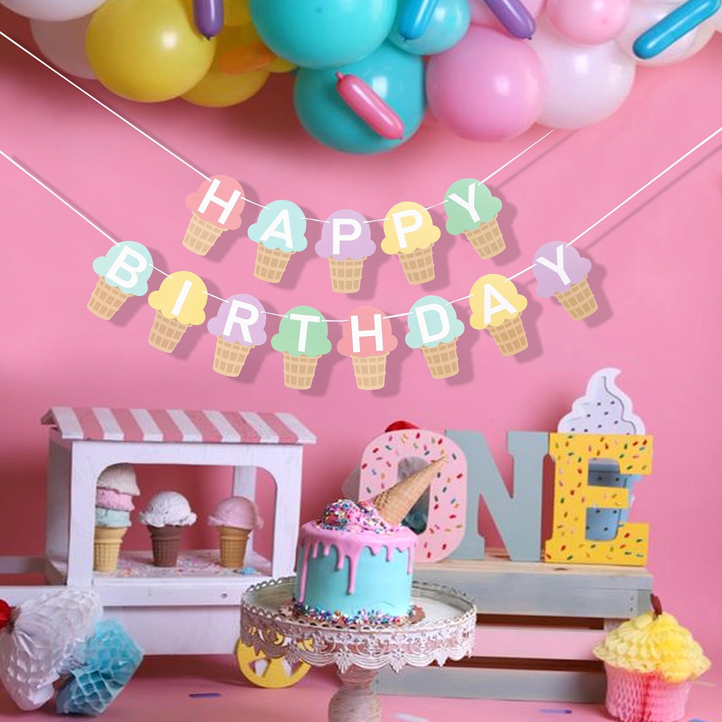 Ice Cream Happy Birthday Banner - Ice Cream Birthday Party Decoration,Summer Birthday Banner,Ice Cream 1st Birthday Banner,Ice Cream First Photo Props