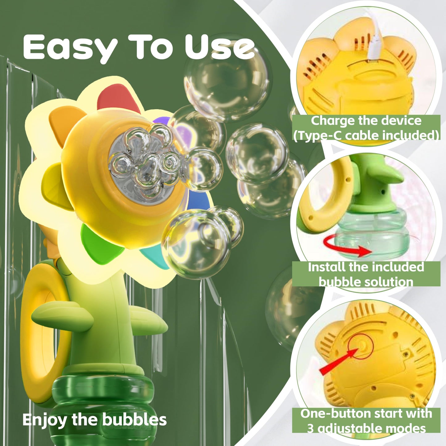 ChainnForces Flower Bubble Machine for Kids, Rechargeable Sunflower Bubble Maker with Lights, Portable Automatic Bubble Blower Toy for Toddlers