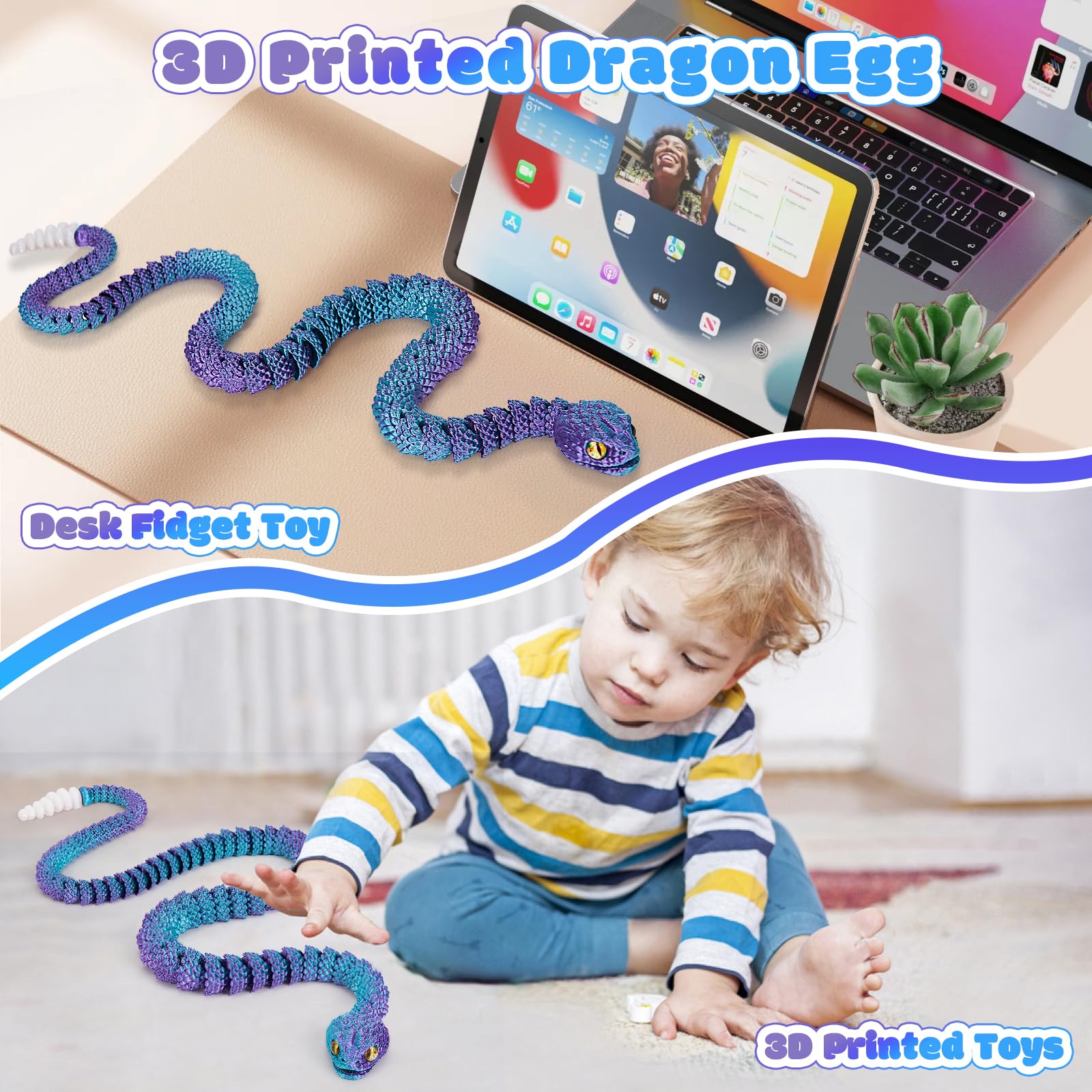 3D Printed Snake Eggs, Easter Egg Filled with Toy - Basket Essentials for Kids Boy Girls, Flexible Articulated 3D Printed Animal Fidget Toys (Cyan