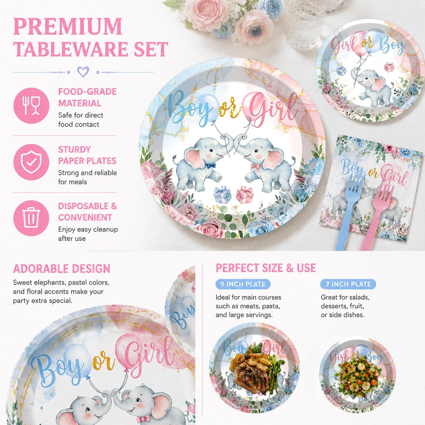 100 Pcs Elephant Gender Reveal Tableware Set, Serves 25, Disposable Boy or Girl Design Paper Plates, Napkins, and Pink Blue Plastic Forks, Baby Shower