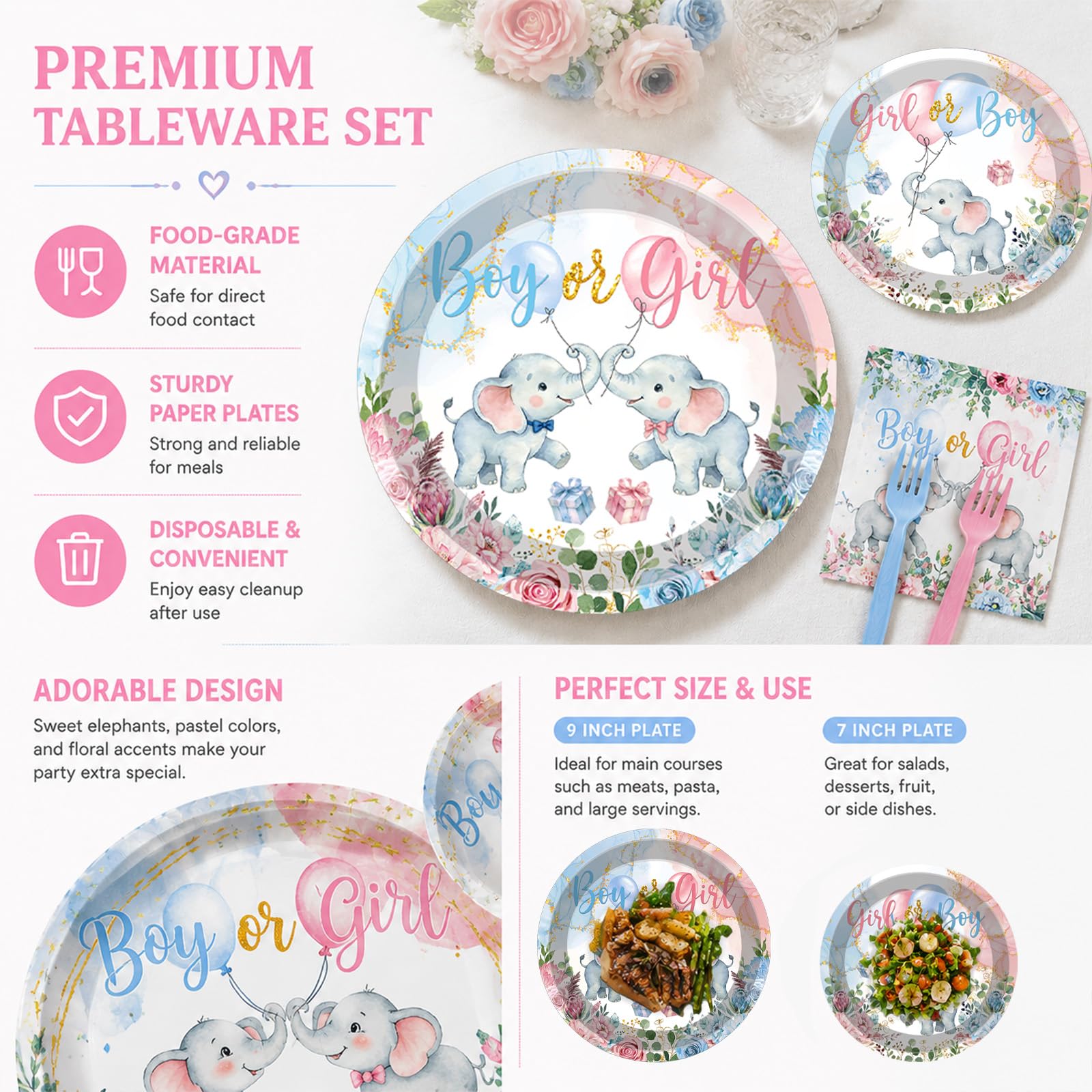 100 Pcs Elephant Gender Reveal Tableware Set, Serves 25, Disposable Boy or Girl Design Paper Plates, Napkins, and Pink Blue Plastic Forks, Baby Shower