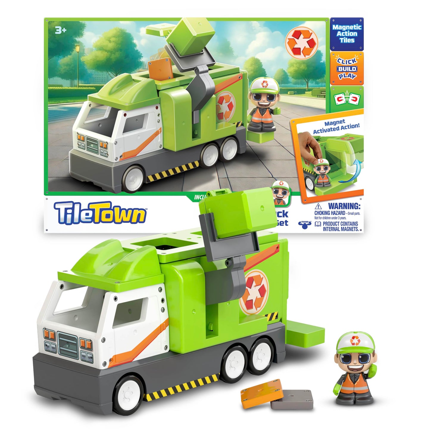 Tile Town Recycling Truck 15-Piece Magnetic Tile Playset, Interactive STEM Magnetic Tiles Toys, Includes 1 Action Figure and 2 Action Tiles