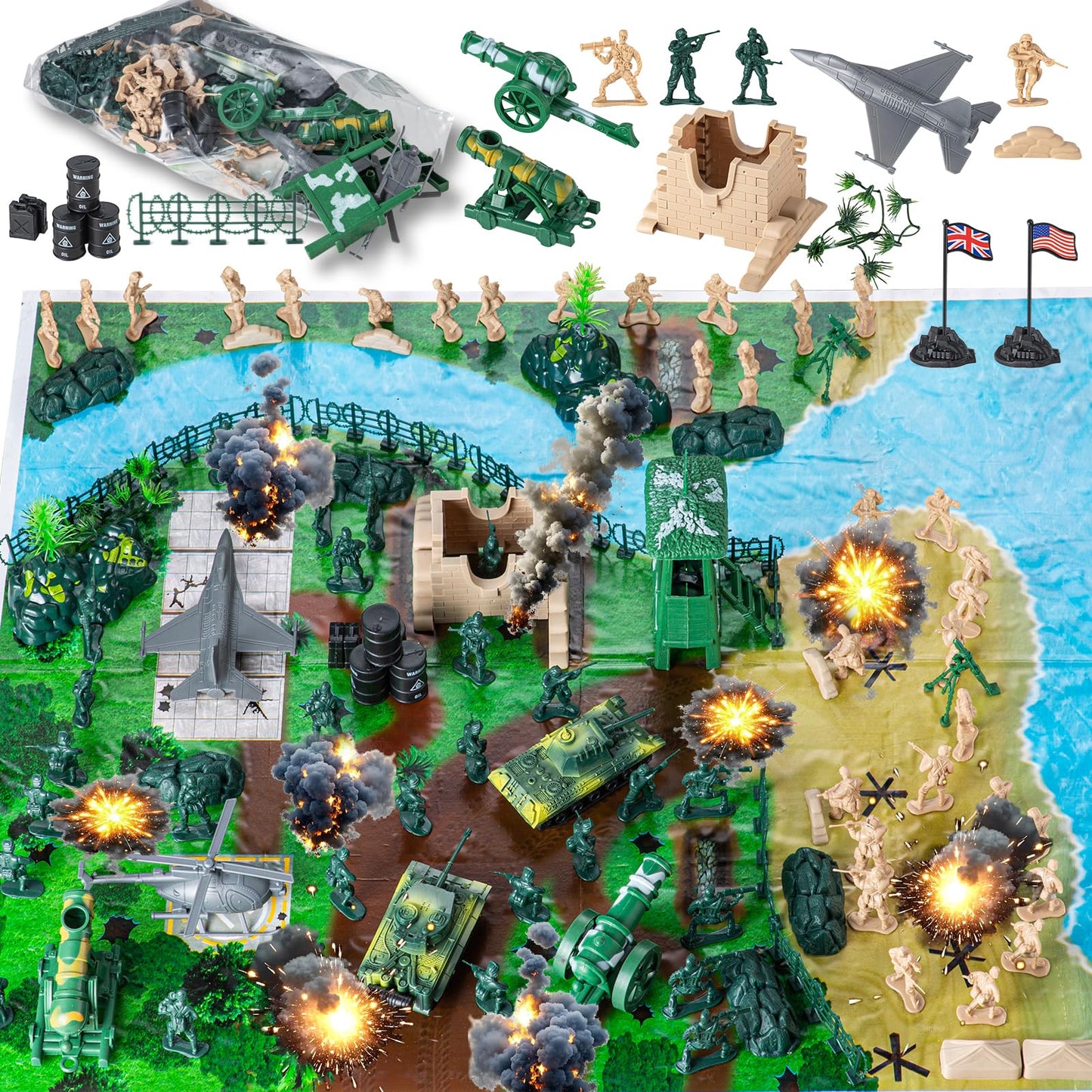 oqotoy Army Men Toys Large Battle Playset- 110-Piece Army Men Action Figures Playset with Realistic Vehicles (Tanks, Helicopter, Fighter