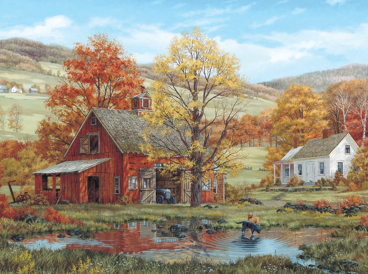 White Mountain 1000 Piece Jigsaw Puzzle Scenic Red Barn, Friends in Autumn
