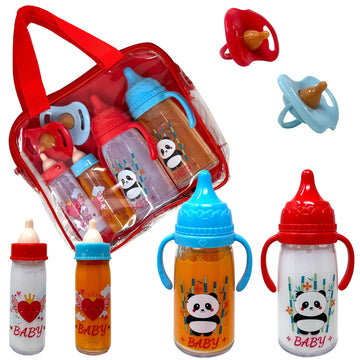 Baby Doll Bottles with Magic Disappearing Milk & Juice Playset, 6pc Pretend Baby Doll Accessories Set 4 Doll Feeding Toy Bottles and 2 Pacifiers