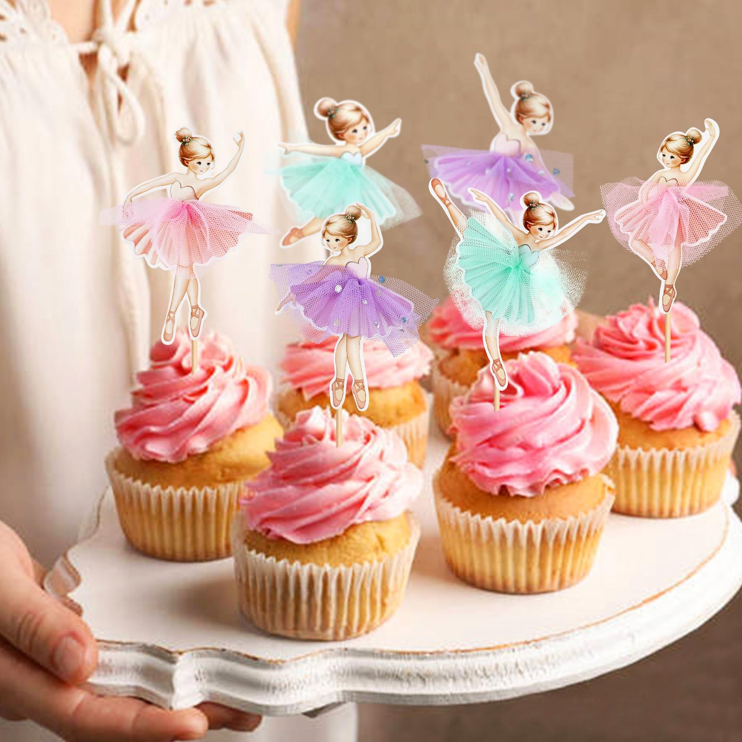24Pcs Ballerina Pink Purple Blue Tutu Skirt Cupcake Toppers Colorful Chiffon Skirt Ballet Girls Cupcake Picks for Baby Shower Girls Ballerina Birthday