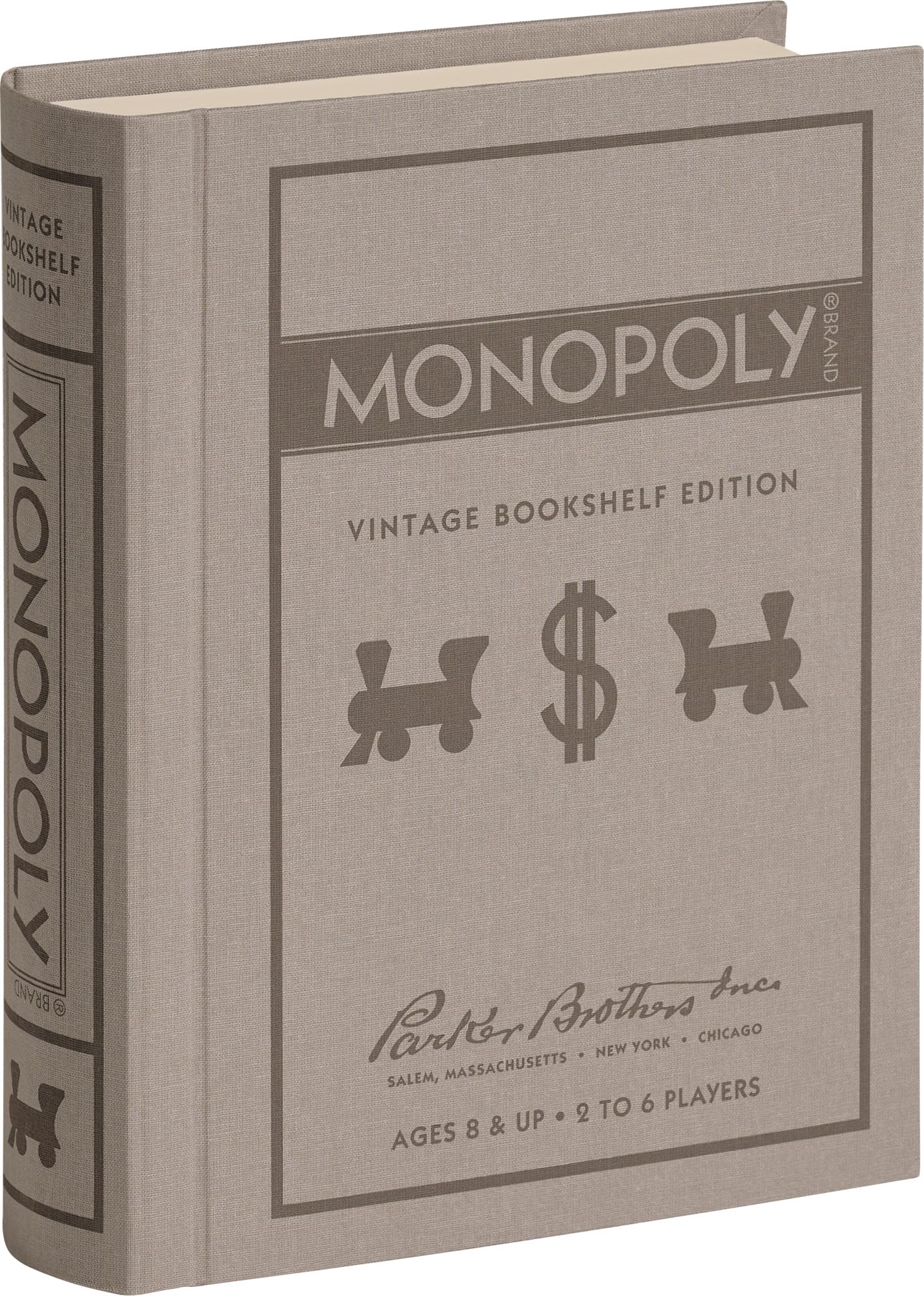 WS Game Company Monopoly Vintage Bookshelf Edition Board Game Premium Fabric-Wrapped Book Storage Box with Retro Graphics, Wooden Houses, Strategy