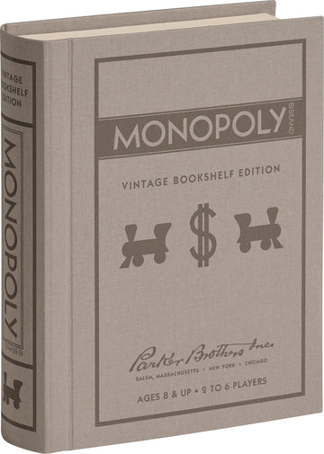 WS Game Company Monopoly Vintage Bookshelf Edition Board Game Premium Fabric-Wrapped Book Storage Box with Retro Graphics, Wooden Houses, Strategy