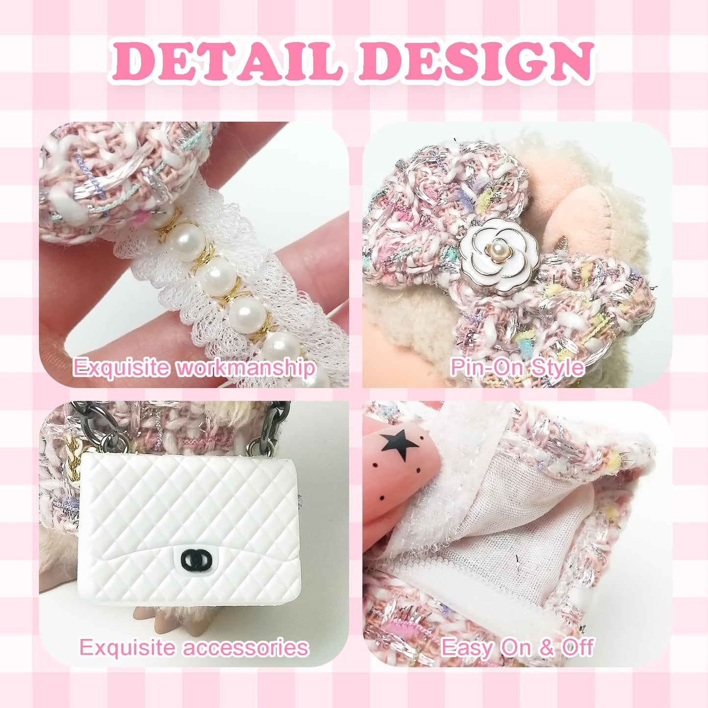 Clothes Compatible with Labubu Doll,Labubu Outfit Set - Pink Dress + Bow Headband + White Shoulder Bag for Labubu Dolls, Stylish Accessories for 17cm