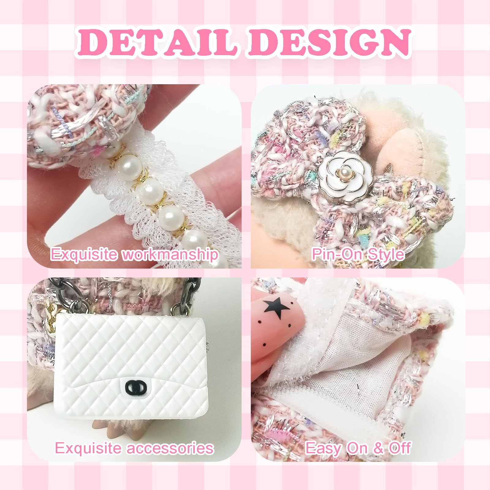 Clothes Compatible with Labubu Doll,Labubu Outfit Set - Pink Dress + Bow Headband + White Shoulder Bag for Labubu Dolls, Stylish Accessories for 17cm