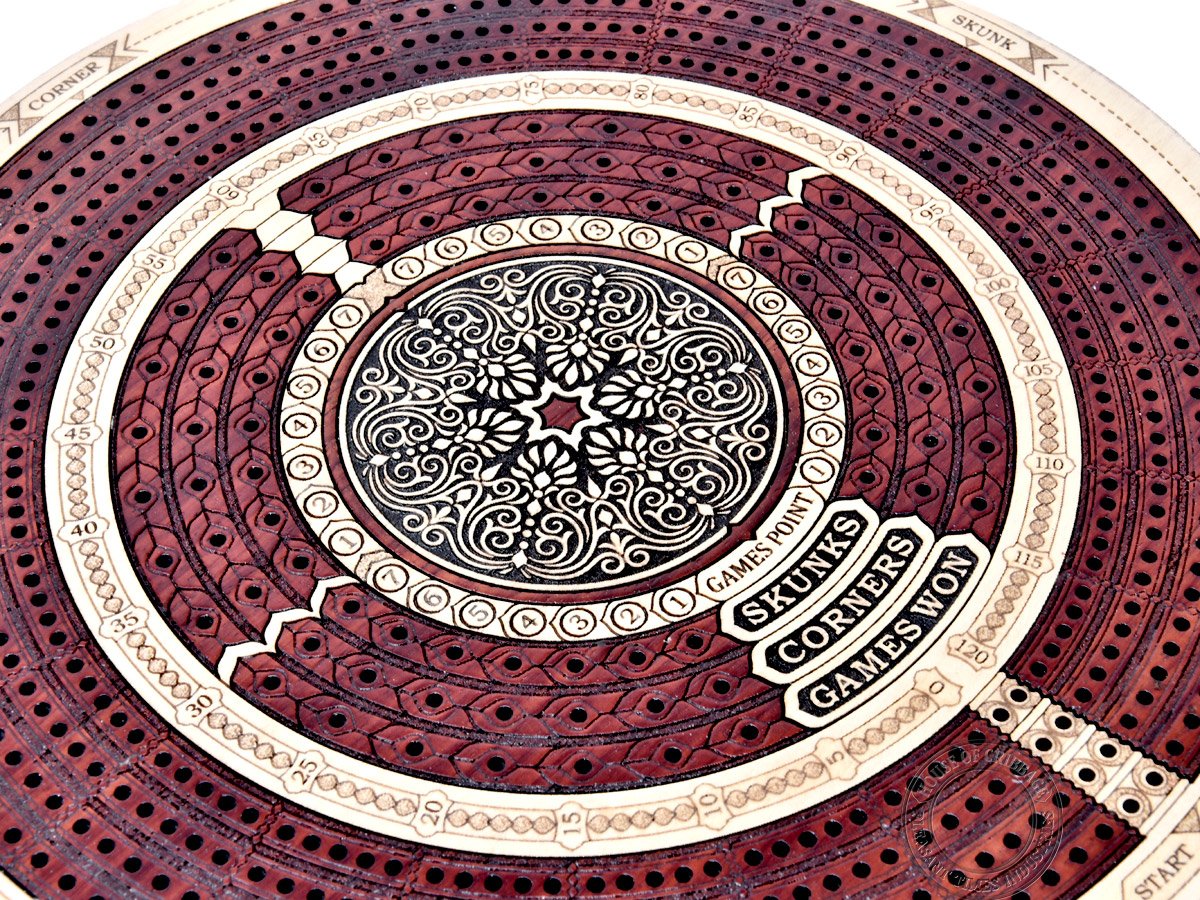 House of Cribbage - Round Shape 4 Tracks Continuous Cribbage Board Maple/Bloodwood with Push Drawer & Place for Skunks, Corners & Won Games