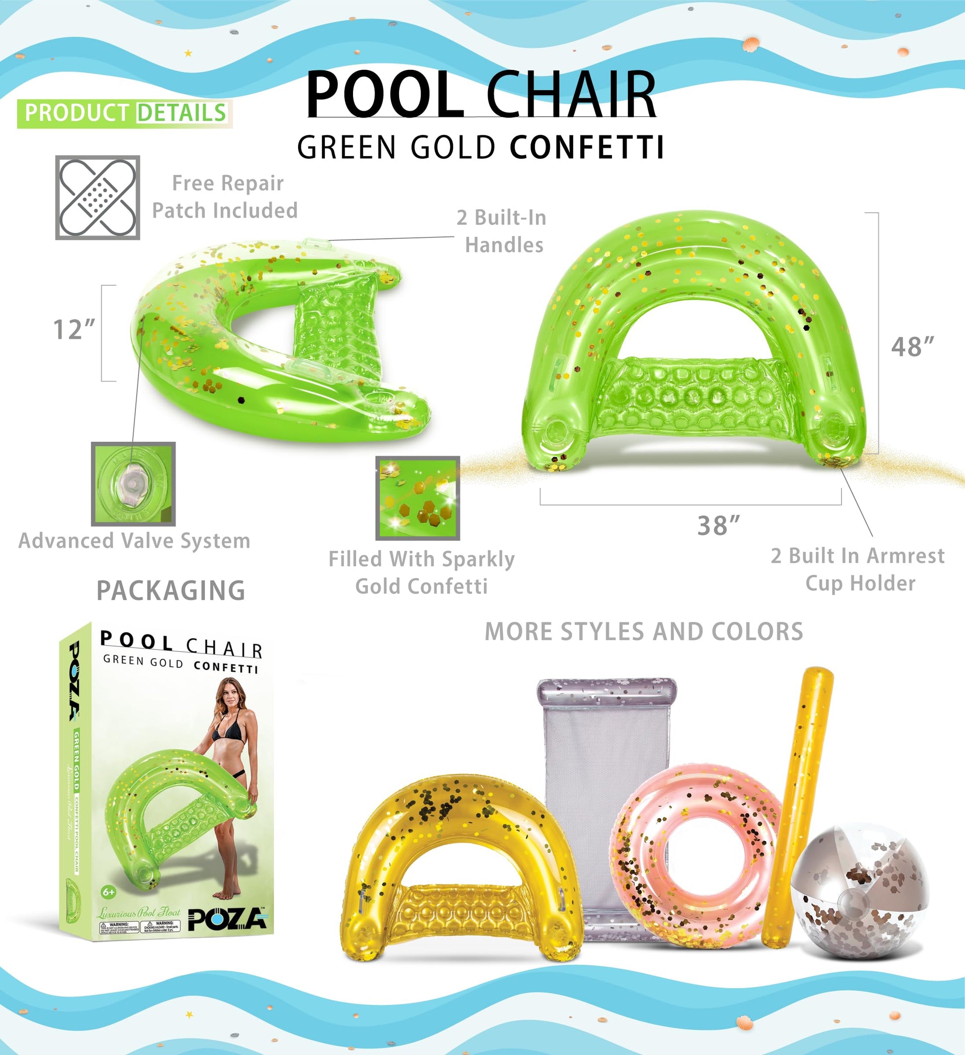 POZA Inflatable Pool Float Chair - Sparkle Confetti Lounge Inflatable Pool Floats, 2 Built in Cup Holders & Handles, Adult Inflatable Pool Lounger