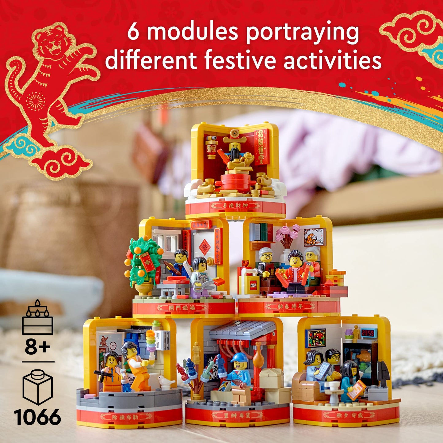 LEGO Lunar New Year Traditions 80108 Building Kit; Gift Toy for Kids Aged 8 and Up; Building Set Featuring 6 Festive Scenes and 12 Minifigures