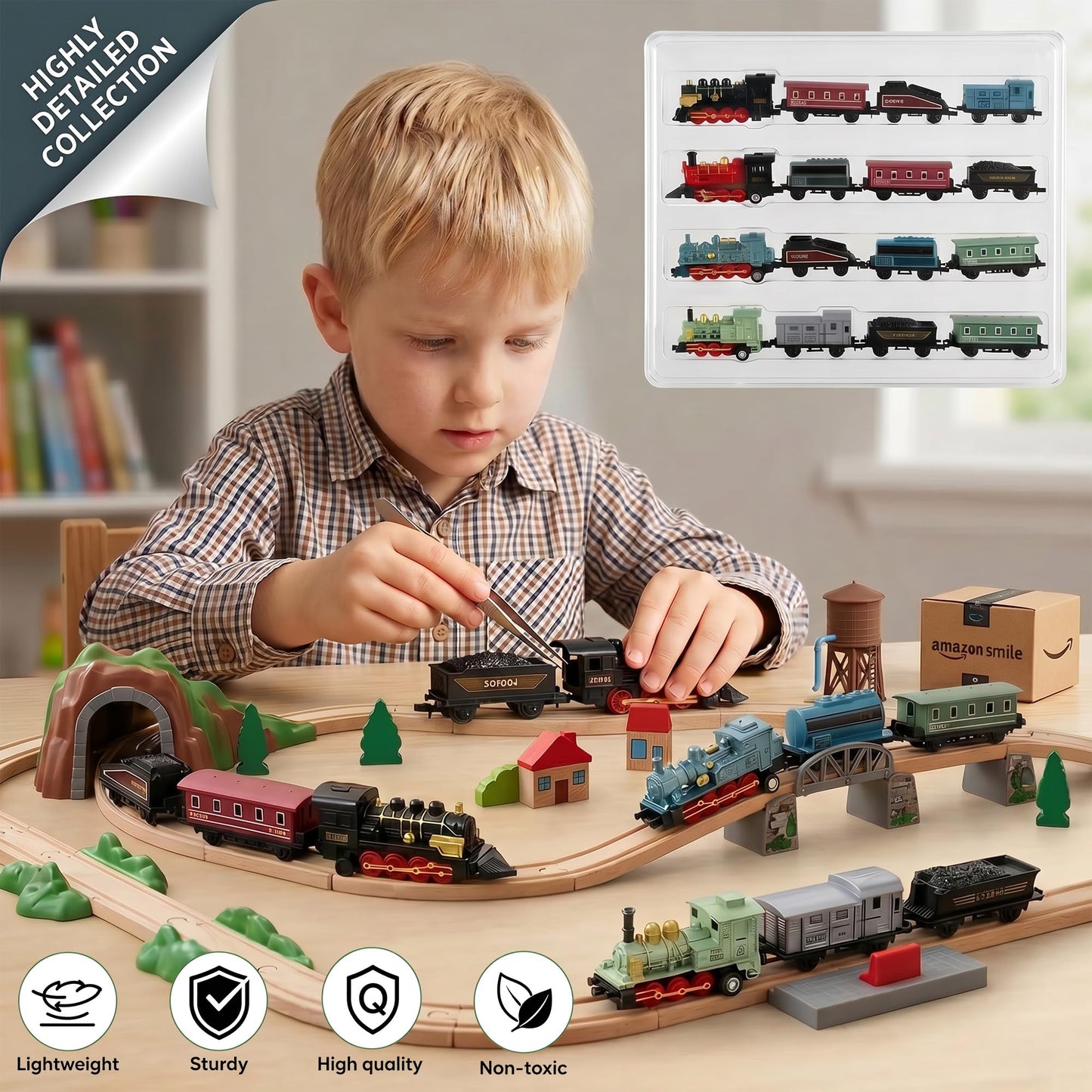 Exasinine 4 Sets Model Trains, Pull Back Steam Train Toys