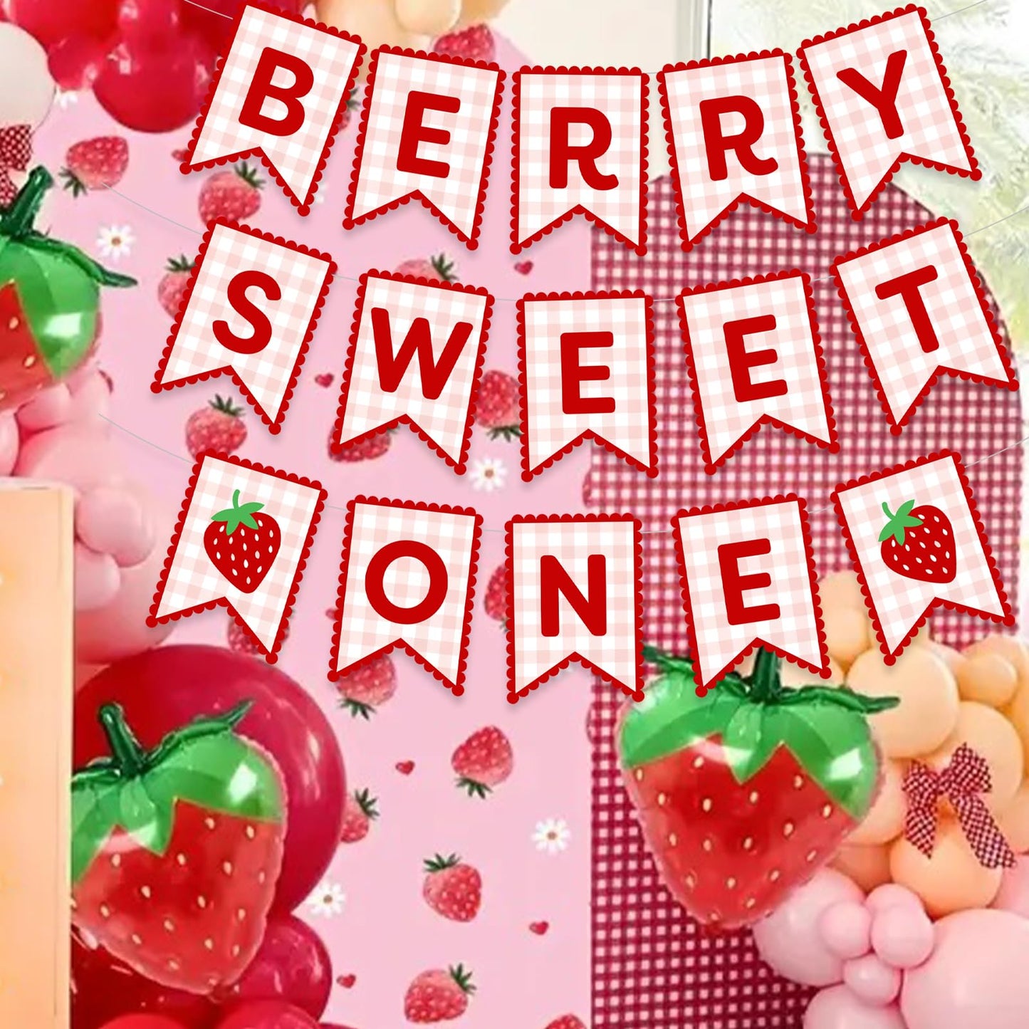 Berry Sweet One Birthday Banner Girl 1st Strawberry Party Decoration Red Pink Gingham Hanging Supplies