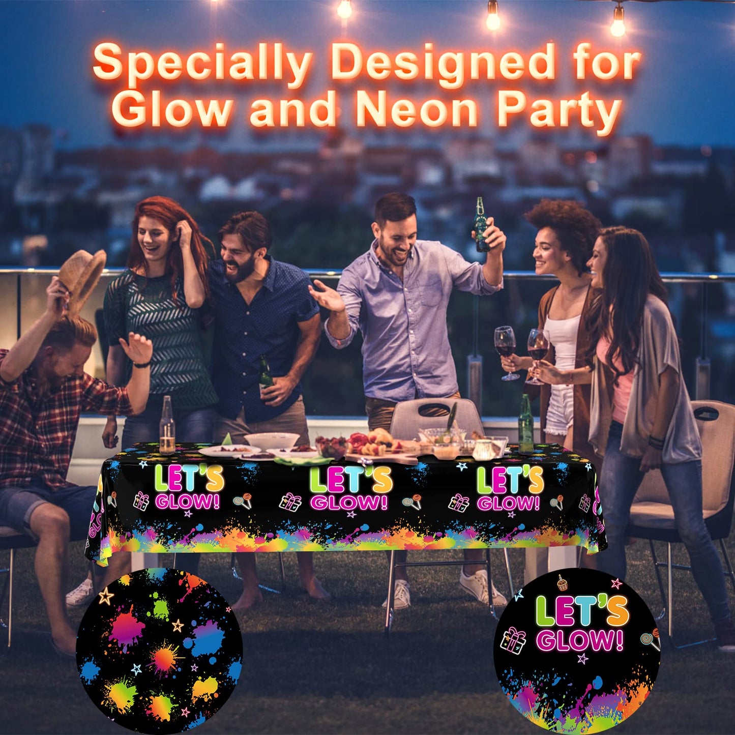 1 Pack Let's Glow Tablecloth- Neon Party Table Cover, Disposable Plastic Rectangle Glow in the Dark Tables Cloth for Neon Black Light Glow Party