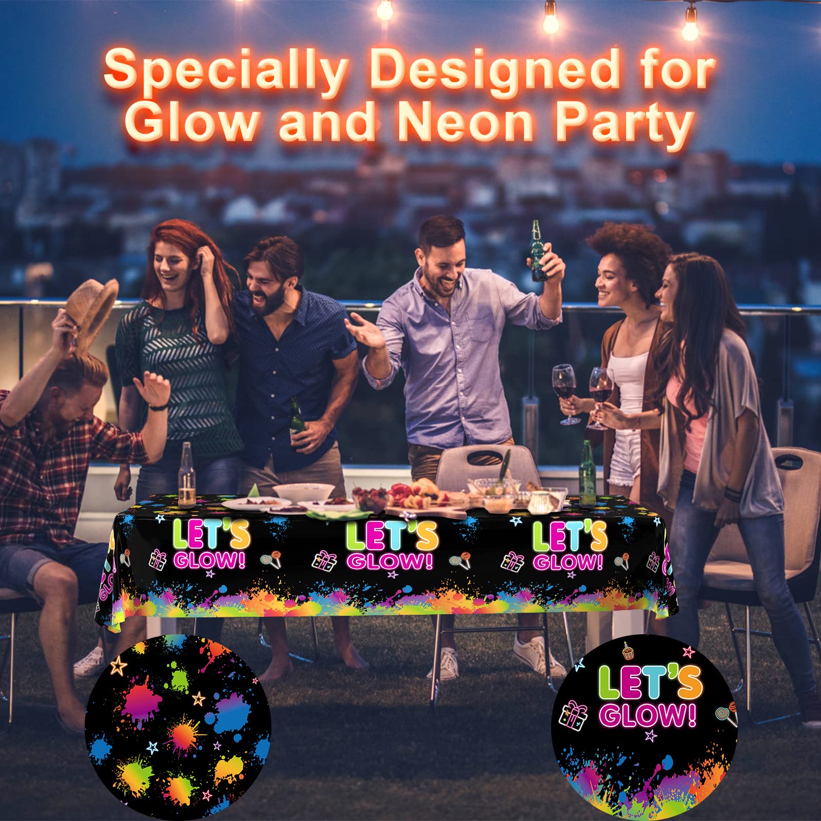 1 Pack Let's Glow Tablecloth- Neon Party Table Cover, Disposable Plastic Rectangle Glow in the Dark Tables Cloth for Neon Black Light Glow Party