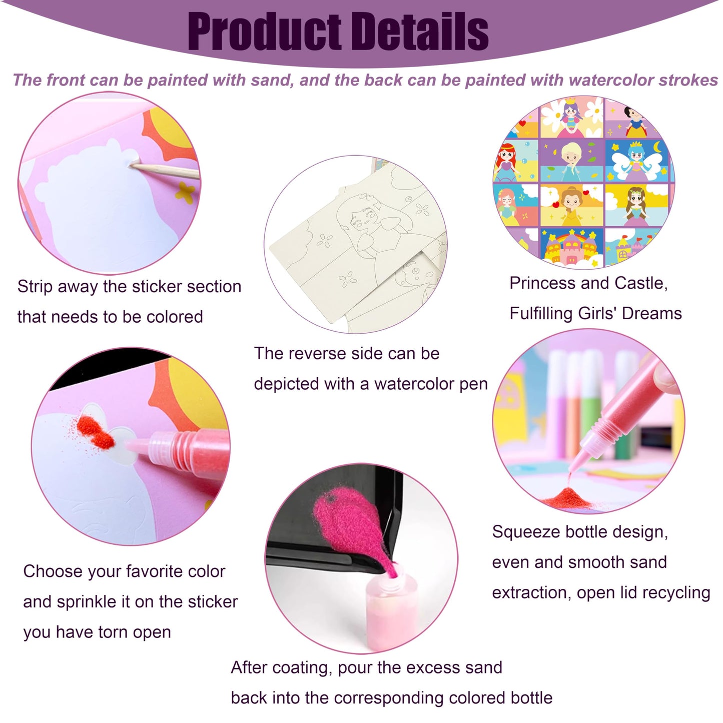 MoimTech Sand Art Kits for Kids,16 Arts and Crafts Designs,Sheet Art Painting Cards,Princess and Castle Theme,Reusable Tray 12 Color Sands