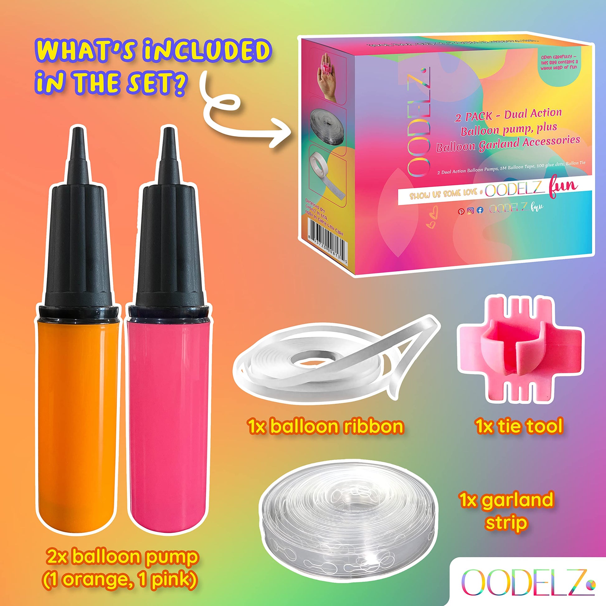 Hand Pump-Balloon Inflator & Kit - 2 Hand Air Pump for Balloons & Garland - Tie Tool, String & Tape for Birthday Party Decorations, Portable Air Pump