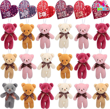 JOYIN 24 Packs Valentine's Day Heart Cards with Plush Toy Party Favors, Mini Stuffed Plush Toys for Valentines Day Gifts, Kids Classroom School