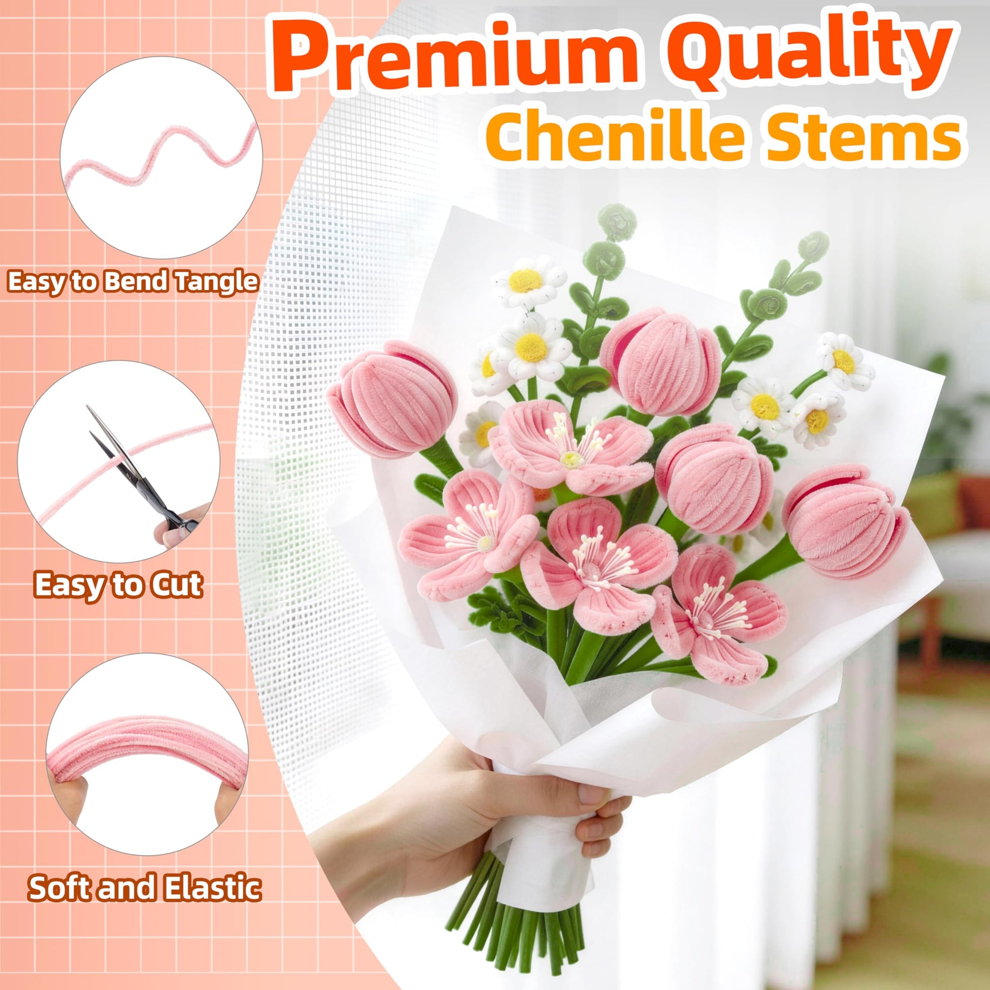 Ayuanb 900 PCS Pipe Cleaners Flowers Kit, Pipe Cleaners Craft with Handle, 14 Colors Chenille Stems with Floral Wires, Stamen, Wrapping Paper