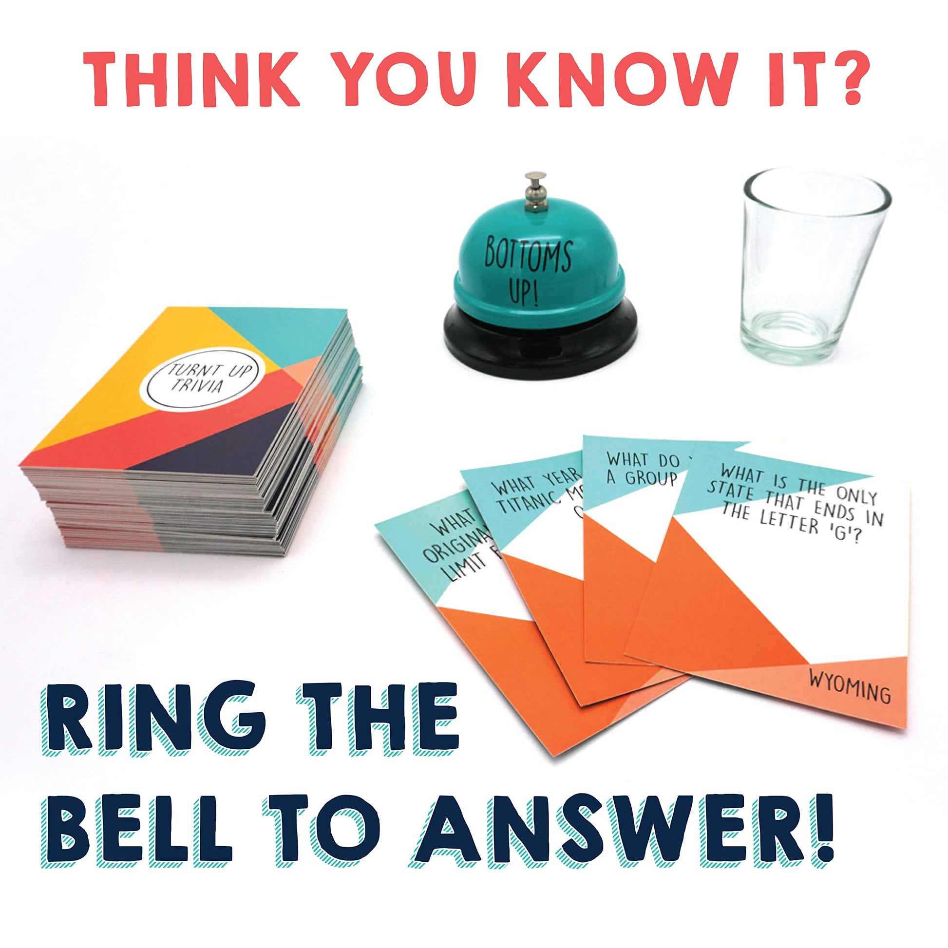 TMD Retail Turnt Up Trivia Card Game for Adults - Call Bell Game for Family and Friends - Bachelor and Birthday Party Trivia With 1.5 Oz Shot Glass