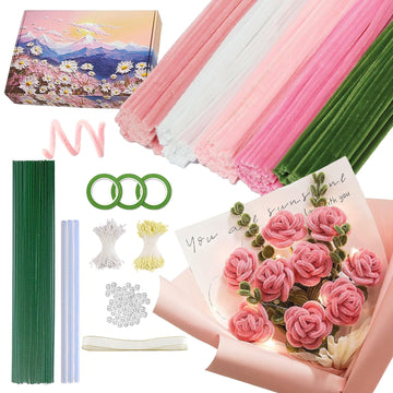 500PCS Pipe Cleaners Craft for Flower - 5 Assorted Colors Chenille Stems Pipe Cleaners Bulk 25sturdy floral stems, 200Stamens, Ribbon, Glue Sticks