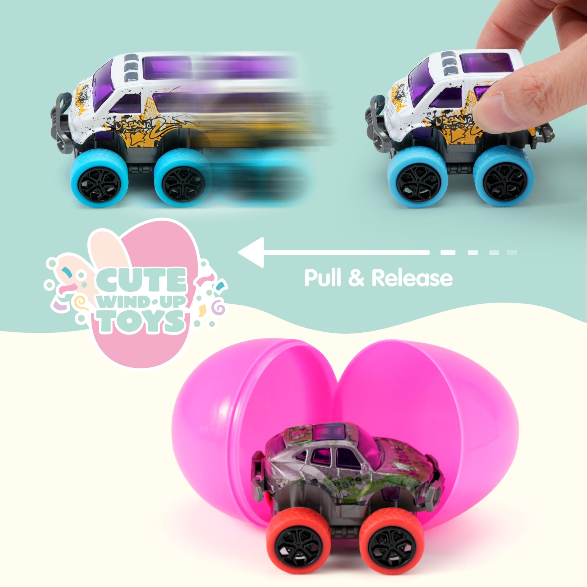 JOYIN 12 Pcs Easter Eggs Filled with Pull Back Monster Cars, Easter Trucks Cars for Kids Egg Hunt, Basket Stuffers Filler and Classroom Prize