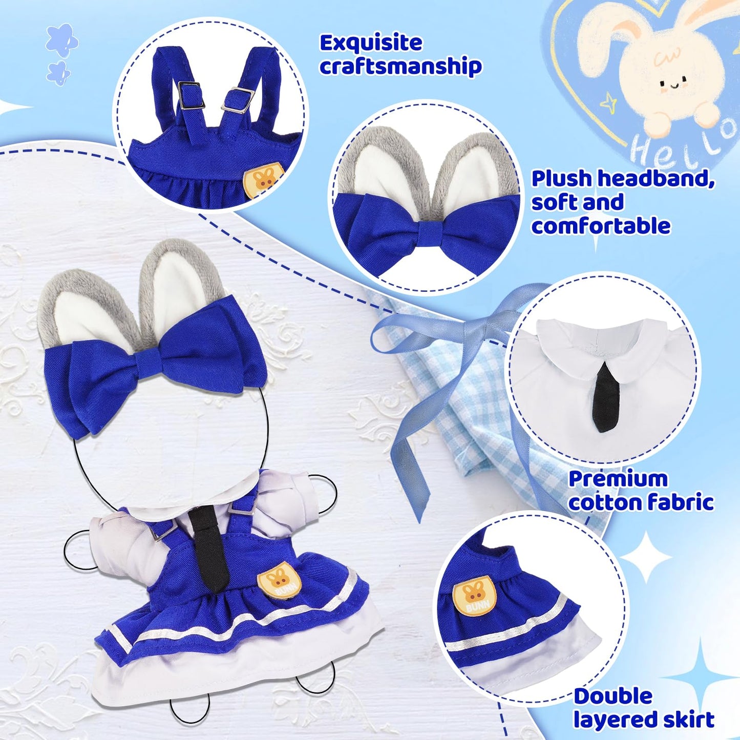 2PCS Bunny Police Doll Outfit Set Blue Shirt and Cap for 15-17cm 4 Inch Blind Box Animal Dolls