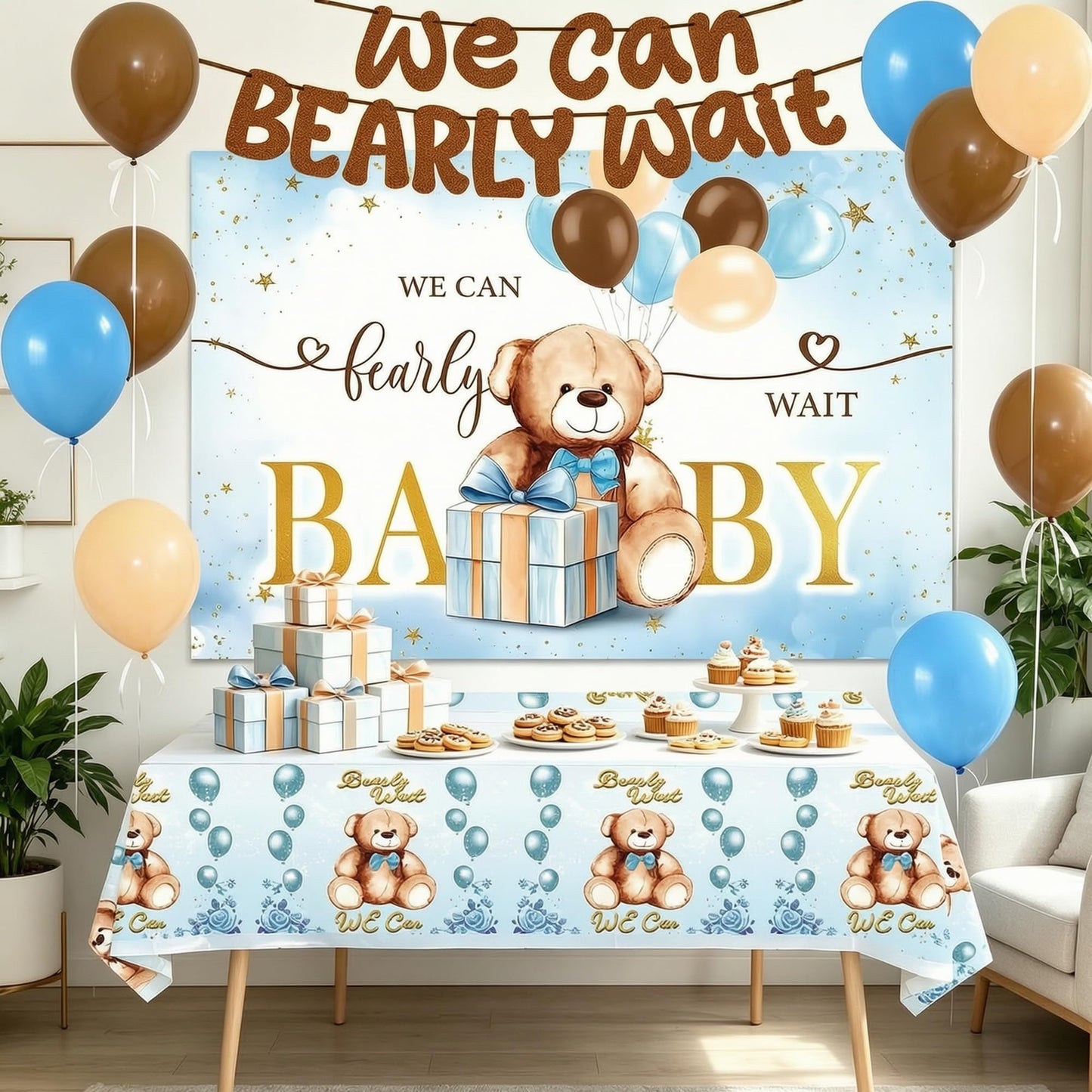16PCS Blue Bear Baby Shower Decorations Party Supplies Balloon Tablecloth Backdrop Banner Blue and Brown Baby Shower Decorations
