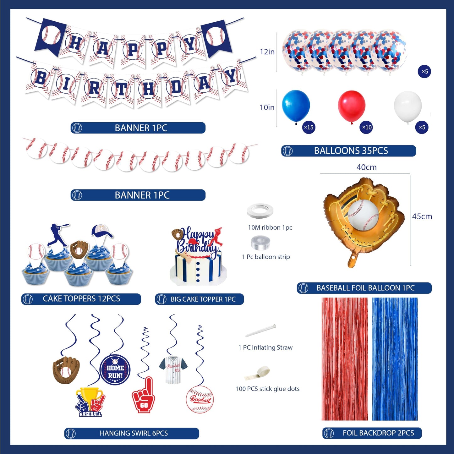 Baseball Party Decorations, Baseball Birthday Party Supplies Kit, Include Sport Themed Birthday banner, Foil Fringe,Hanging Swirls, Baseball Balloons