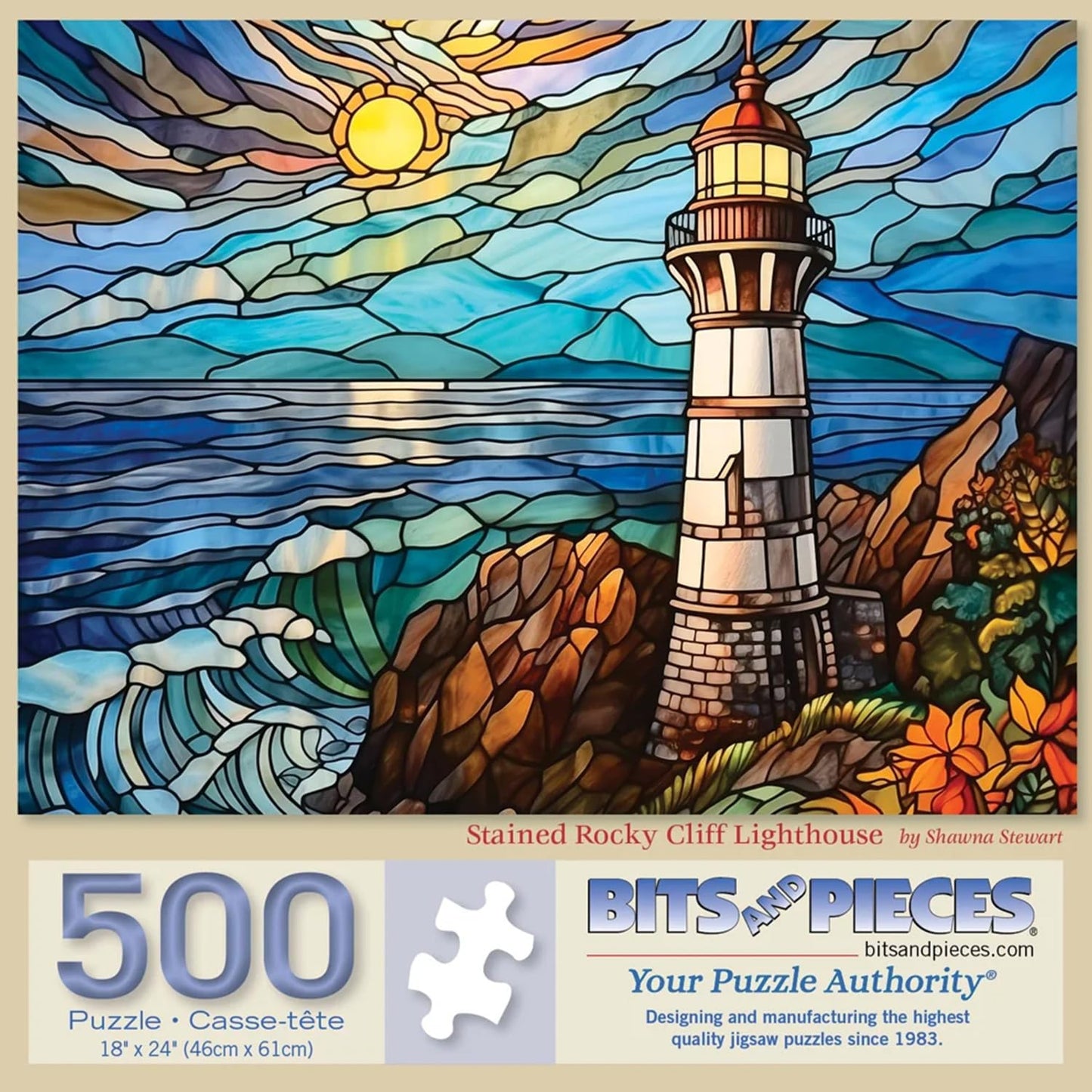 Bits and Pieces 500 Piece Puzzles for Adults Stained Rocky Cliff Lighthouse Large 18" x 24" Jigsaw Puzzles 500 Pieces Stained Glass Lighthouse